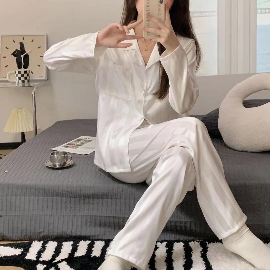 Lace Long Sleeve Black Cardigan Pajamas for Women – Sweet and Loose Spring/Autumn Homewear with Long Pants