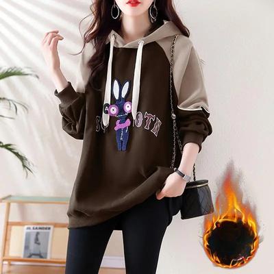 Pull à capuche épais en velours pour femme, mi-long, ample, à la mode, motif lapin de dessin animé, automne et hiver