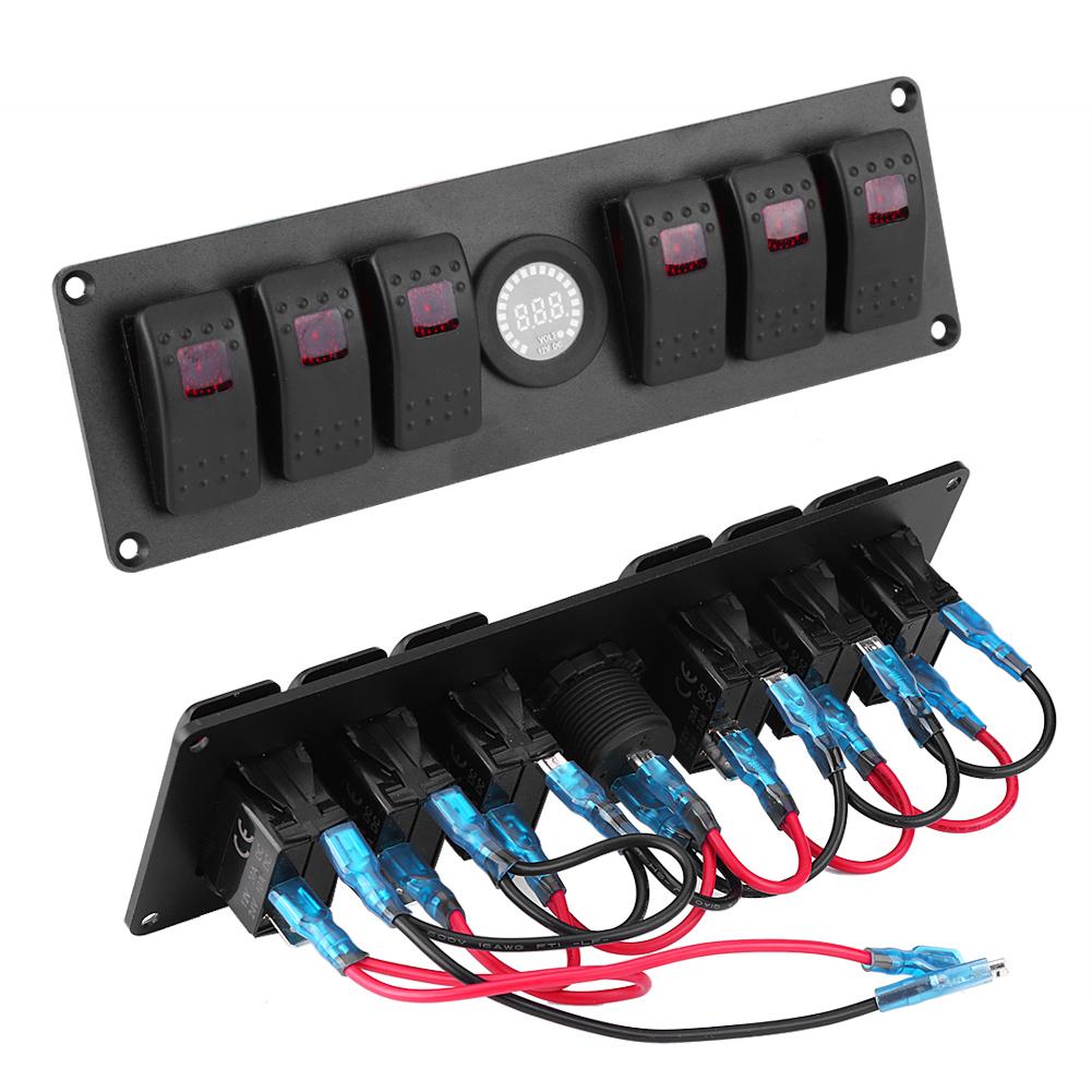6 Gang Red LED Rocker Switch Panel with Alarm Voltmeter for Car RV Boat Yacht Marine 12V