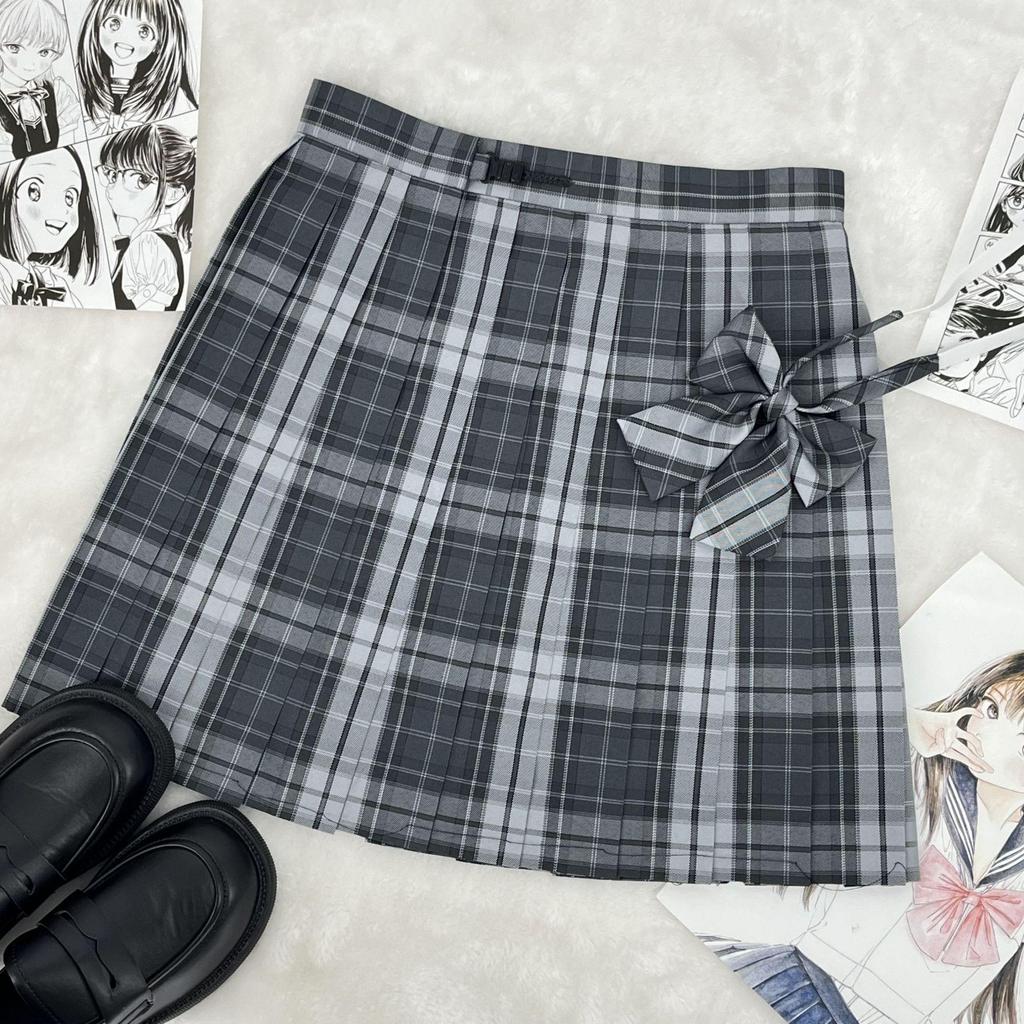 Winter Gray Plaid High-Waist Slimming JK School Uniform Pleated A-line Midi Skirt