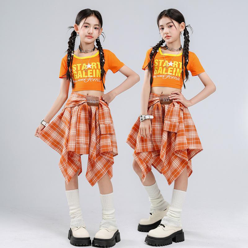 Costum de Dans Jazz Stil Coreean pentru Fete - Set Top Scurt & Fustă în Carouri