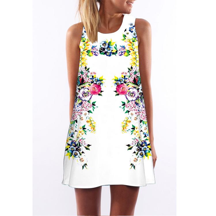 European Station European and American New Retro Digital Printing Round Neck Hot-selling Off-the-shoulder Medium and Long Vest Dress