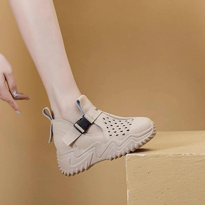 Fashion 2025 Hot Sale High Top Women's Vulcanize Shoes Outdoor Hollow Out Platform Buckle Strap Sneakers Versatile Ladies Casual Shoes