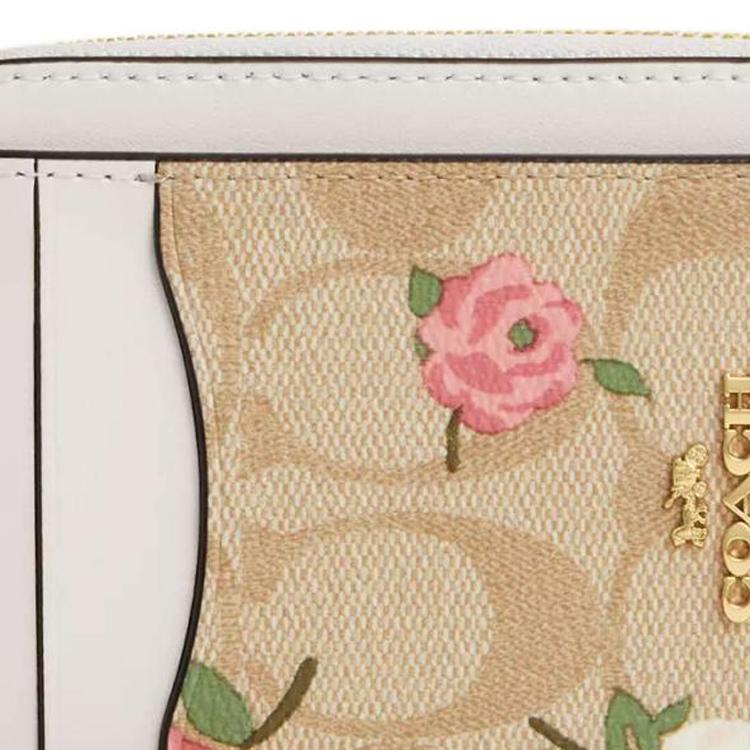 Coach Card Case 11 Floral Print Signature Coated Canvas And Smooth Leather Zipper Card Holder Women Accessories Gold Light-Khaki CR971-IMOTV