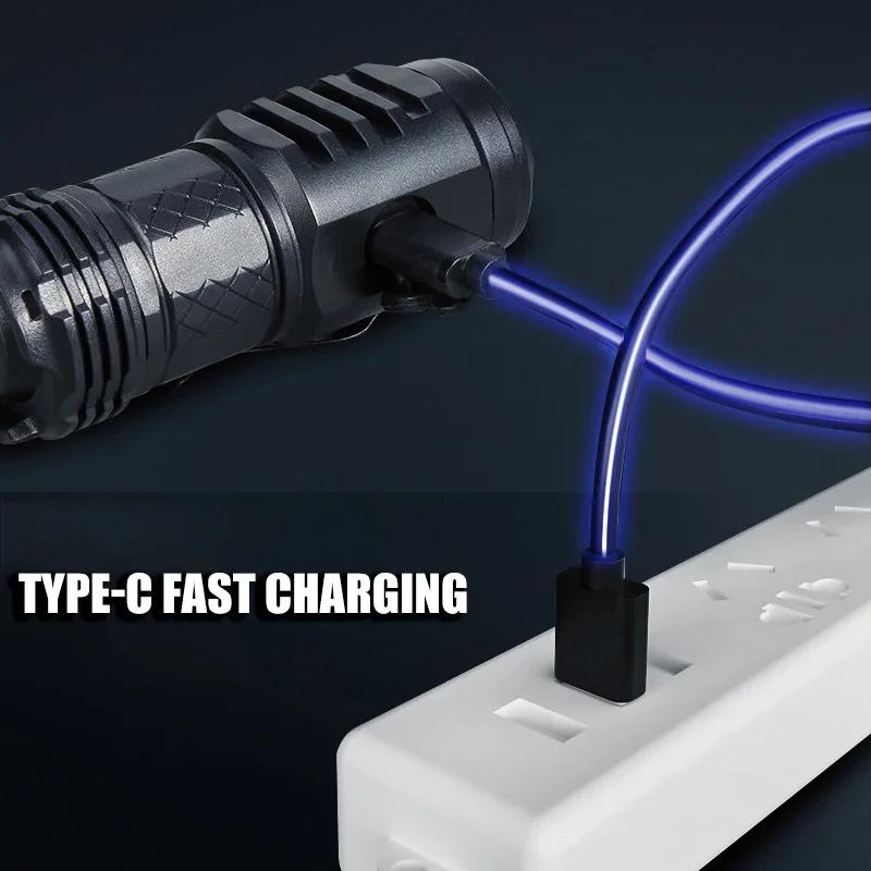 High Strong Power LED Flashlight Built-in Battery Type-C Rechargeable with Pen Clip Torch Outdoor Camping Emergency Lantern