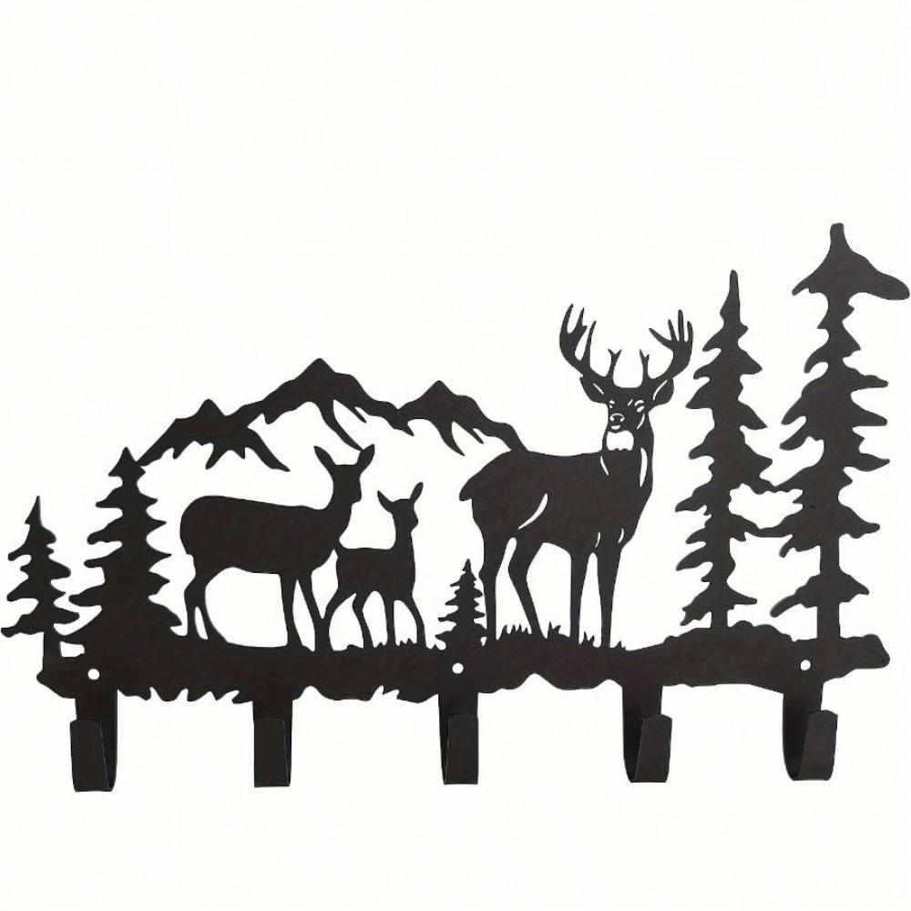 1 PC 5-Hook Rustic Deer-Shaped Metal Wall Storage Rack - Powder-Coated, Perfect For Entryway,