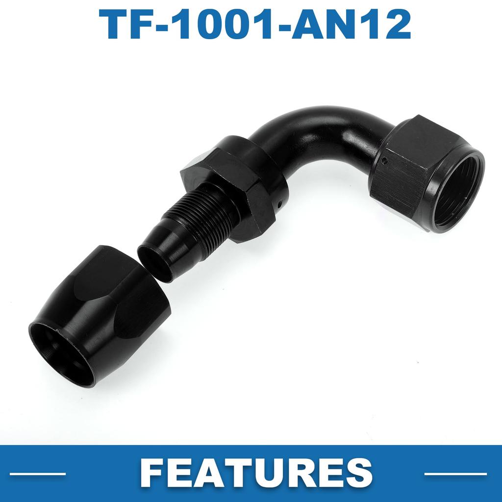A ABSOPRO Female Flare Reducer Hose Fitting Adapter TF-1001-AN12 90° Fuel Line Connector Aluminum O Ring Black