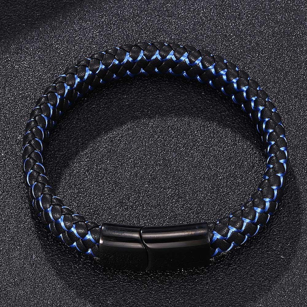 Punk Men Braided Genuine Braided Blue Leather Bracelet Black Stainless Steel Magnetic Buckle Bracelet Gifts Homme Pulsera