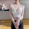 Spring and Autumn Women Floral Lace Shirt  Long Sleeve Sexy Mesh Bottoming Shirts Mock Neck Blouse T-Shirt Pullover Top