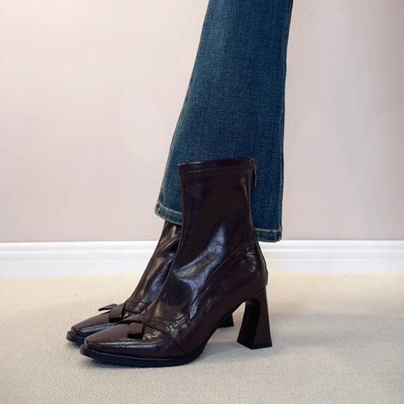 

Soft leather version~ British style square head thick heel short boots women s rear zipper elastic thin boots bow high heel Martin boots 40 коричневый