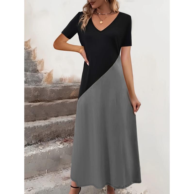 YYFS Women's Fashion Summer Spring Colour Block Print Short Sleeve V-Neck High Waist Casual Dresses