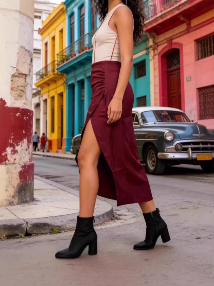 Nouvelle jupe rétro sexy ajustée à taille haute fendue pour femme Printemps-Été