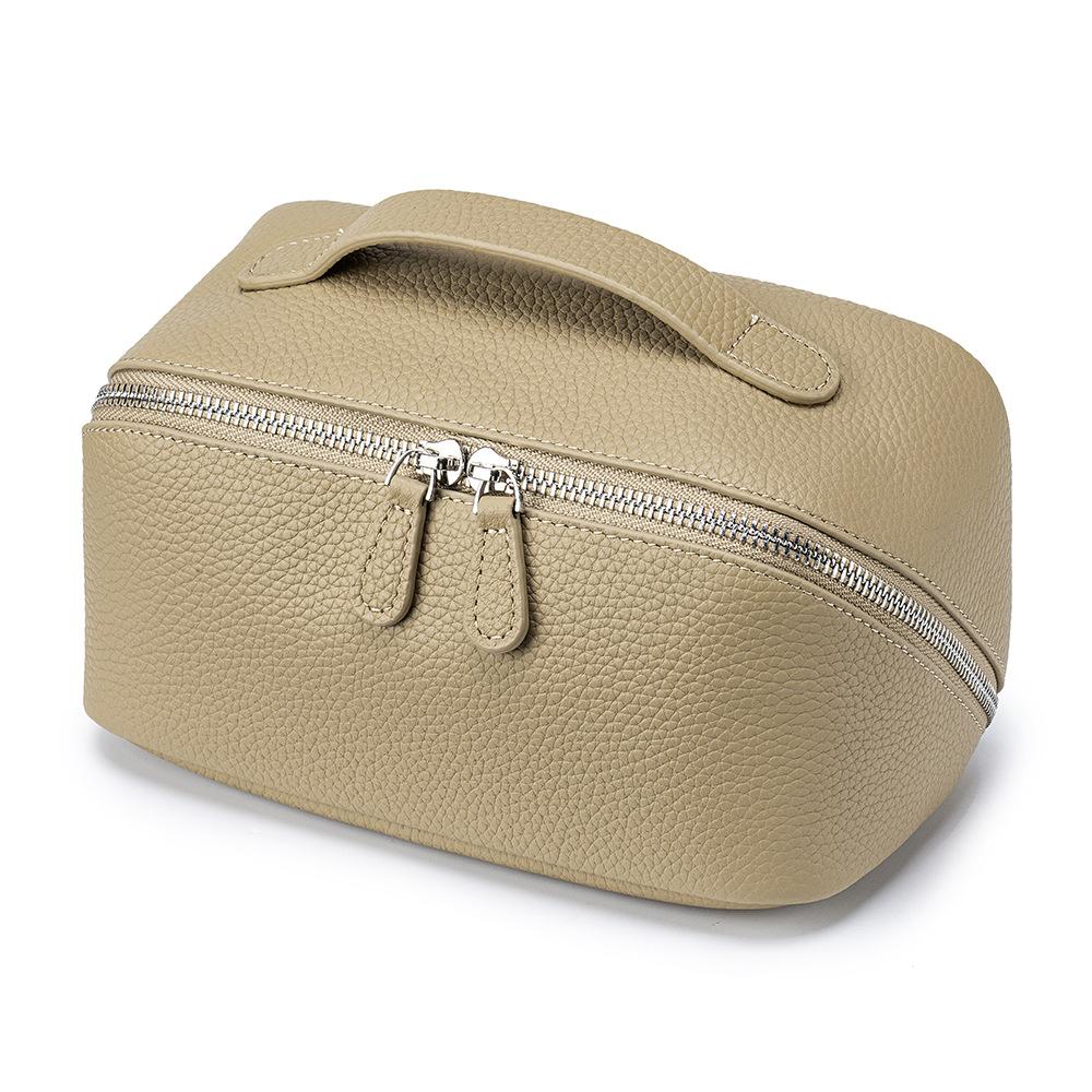 Leather Portable Makeup Bag, Large-capacity Simple Style Hand-held Toiletry Bag, Genuine Leather Travel Storage Bag