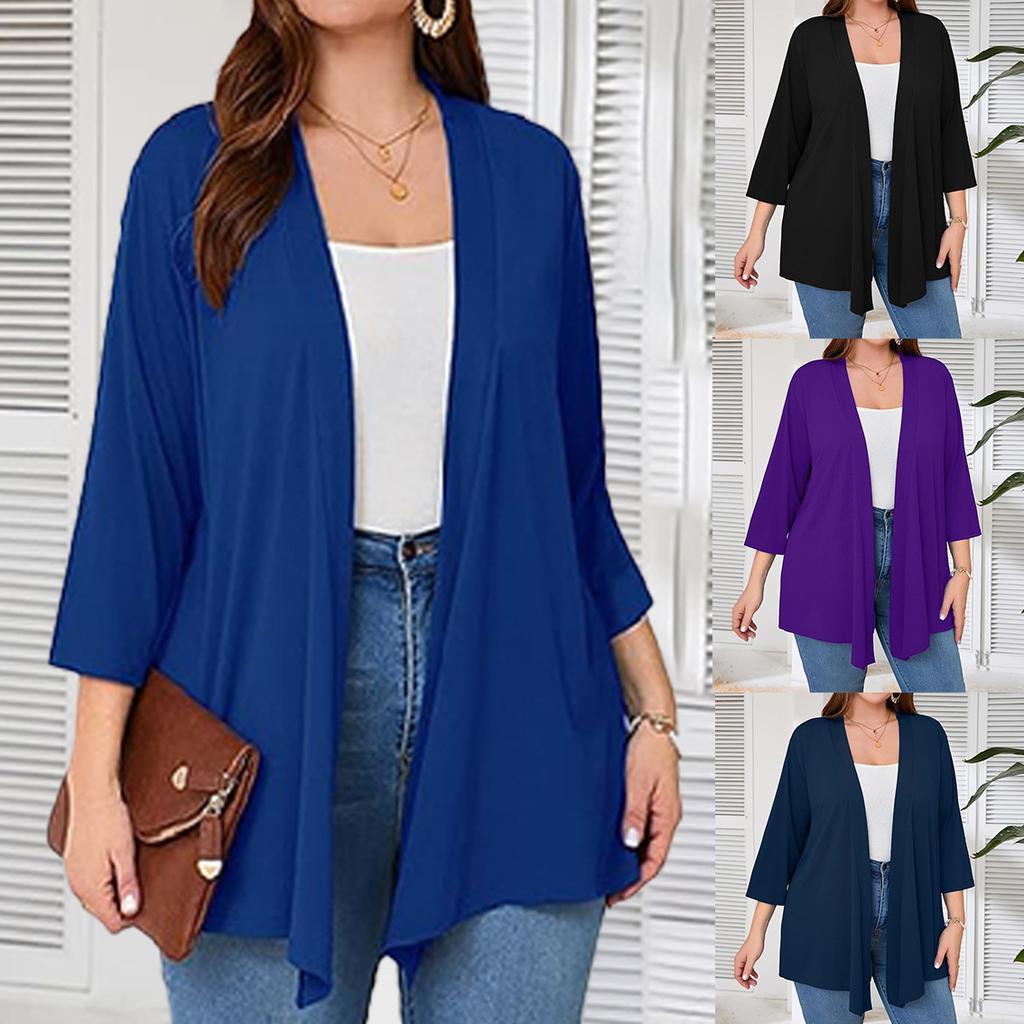 Cardigan Femme Grande Taille Manches 3/4 Léger et Fin Ouverture Devant Style Châle Tricoté Haut Décontracté Doux et Fluide