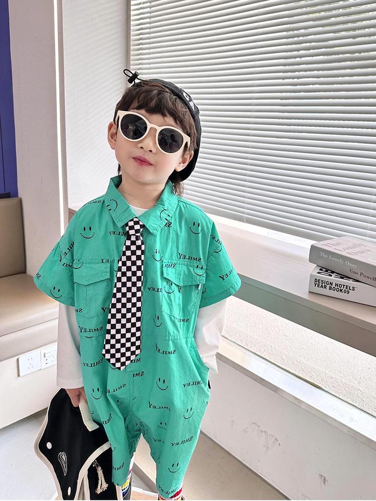 Boys' Trendy Korean Style Summer 2026 Short Sleeve Printed Romper