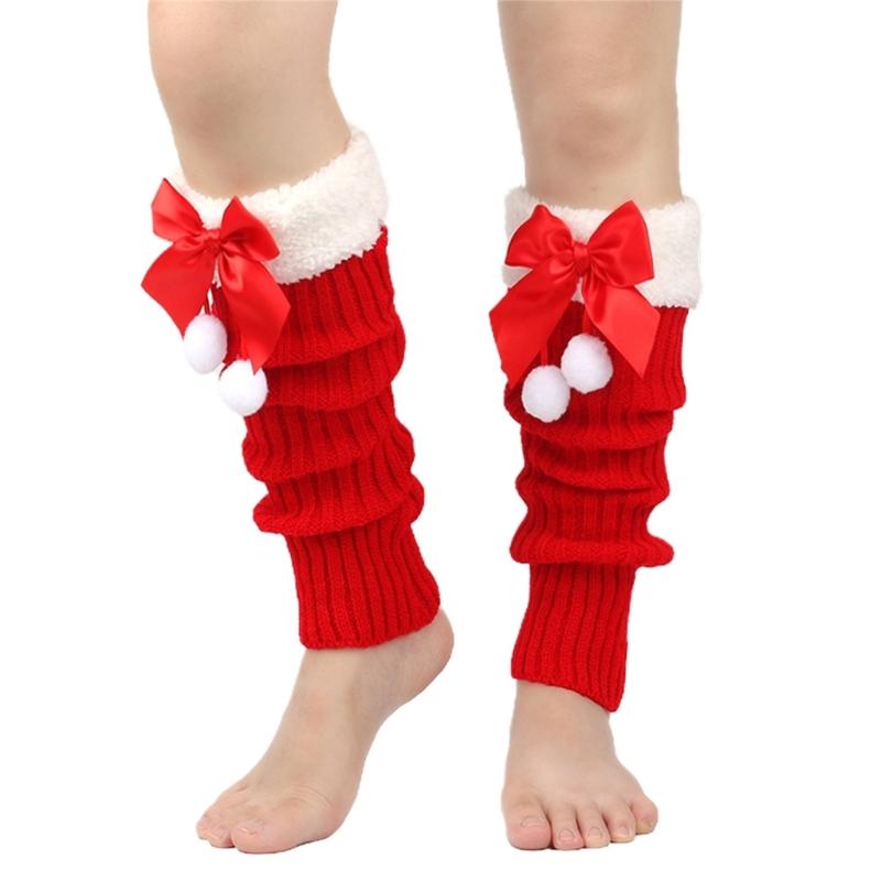 Christmas Fleece Trim Warm Leg Warmers Sweet Plush Balls Bows Knitted Boot Covers Festival Footless Socks for Women