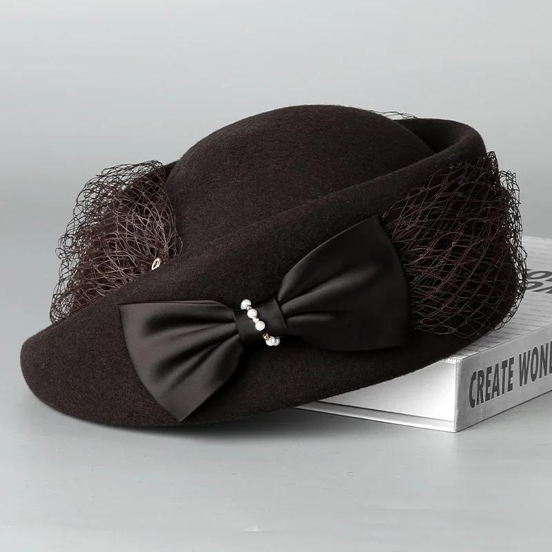 Damski Kapelusz Cloche z Mieszanki Wełny Australijskiej Beret z Welonem i Kokardą Kapelusz na Imprezę Kolacyjną Zimowy Kapelusz Filcowy Moda