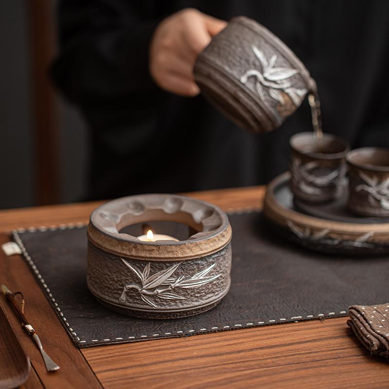 Vintage Handmade Coarse Pottery Tea Warmer Home Kiln Change Gold-Plated Candle Heating Insulated Tea Warmer Tea Dryer