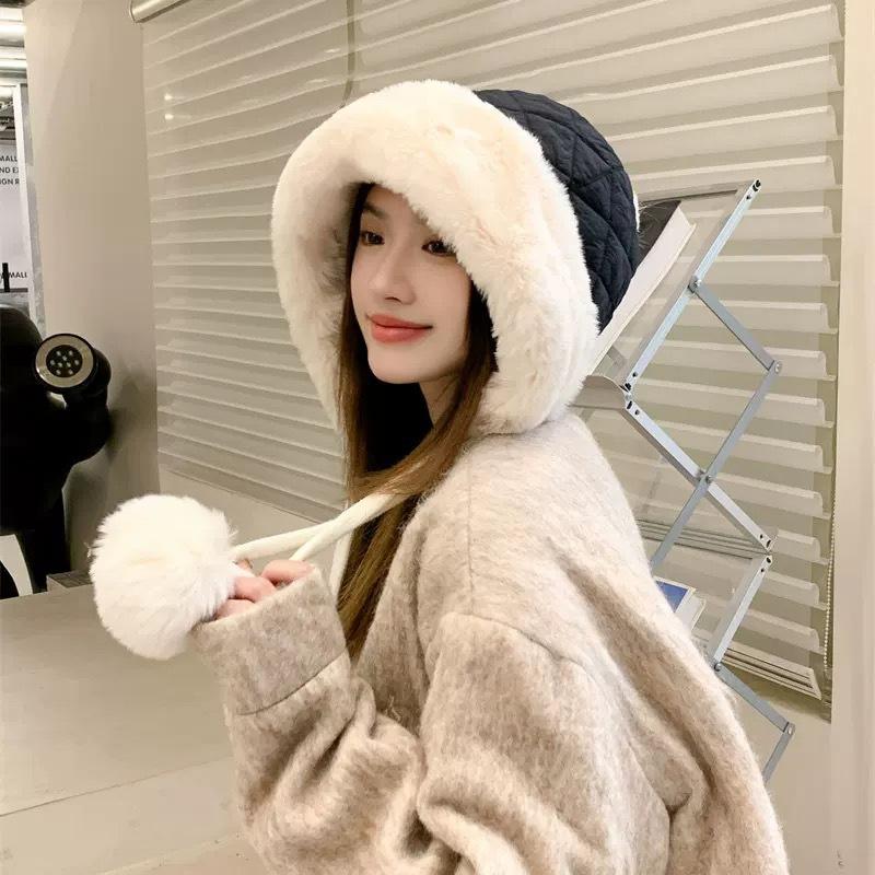 Wool hat autumn and winter women's ear protection plush bag head pullover hat cycling windproof plush thickened warm knitted hat