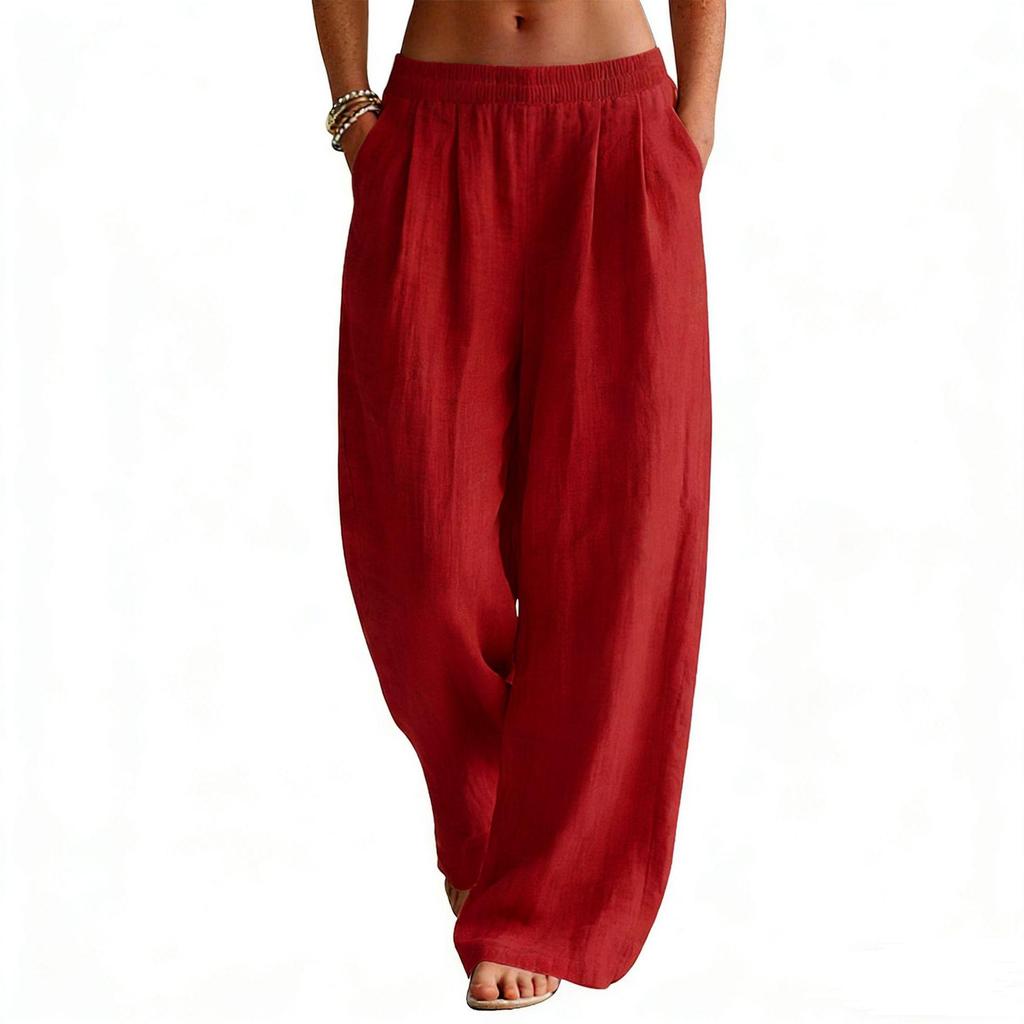 Women's Flowy Linen Wide-Leg Pants - Summer Beach Travel Wear with Elastic Waist & Pockets