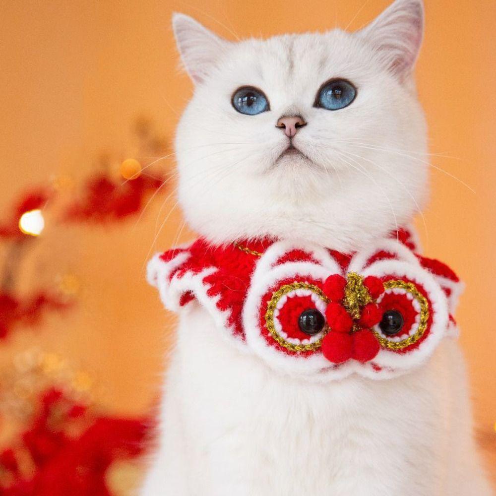Cat Necklace Chinese-style New Year Knitted Pet Collar Red Warm Cat Tie Adjustable Length Pet Bib for Cats Puppy