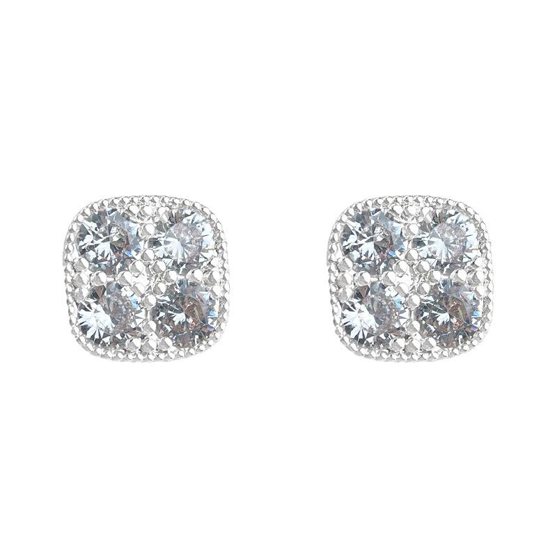 Square Halo Cubic Zirconia Stud Earrings, Hypoallergenic Silver Needle Earrings, Elegant Daily Jewelry for Women