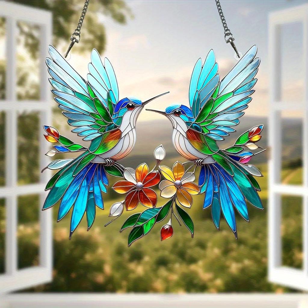 20cm Acrylic 2D Flat Colorful Hummingbird Hanging Pendant Wind Chime Suncatcher Home Window Ornament Garden Decor Car Decoration