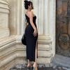 Women European Style One Shoulder Solid Color Slit Sleeveless High Waist Slim Sexy Long Dress