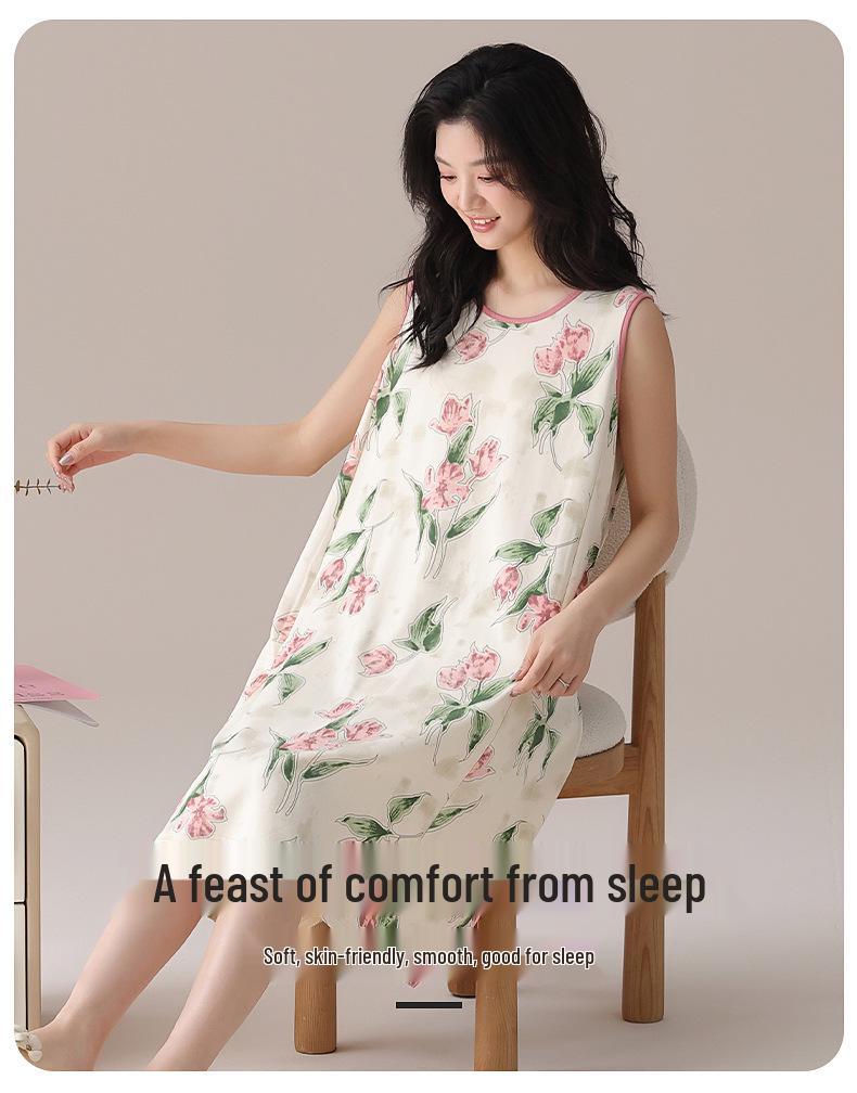 Cute Cartoon Summer Cotton Nightgown with Removable Pads for Women