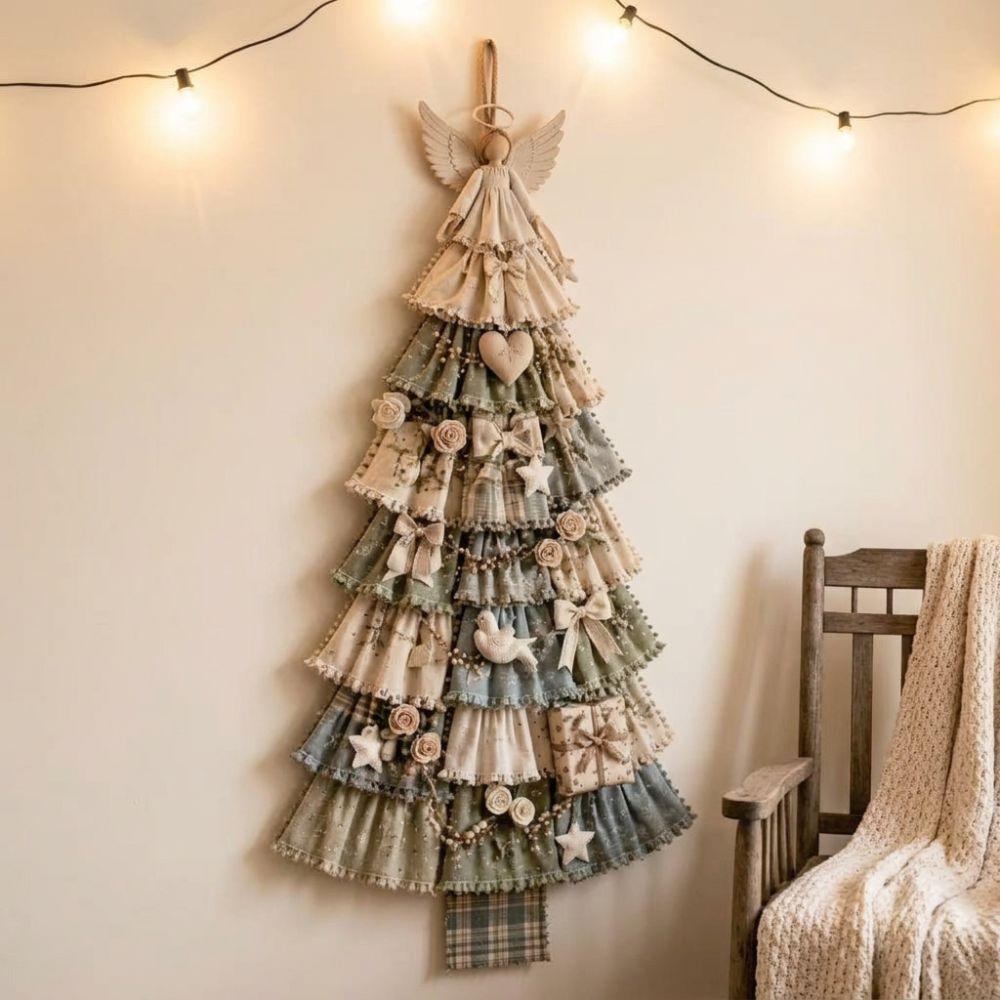 Vintage Patchwork Christmas Tree Door Hanging Handmade Hand-Sewn Oversized Fabric Christmas Tree Cozy Soft Plaid Print