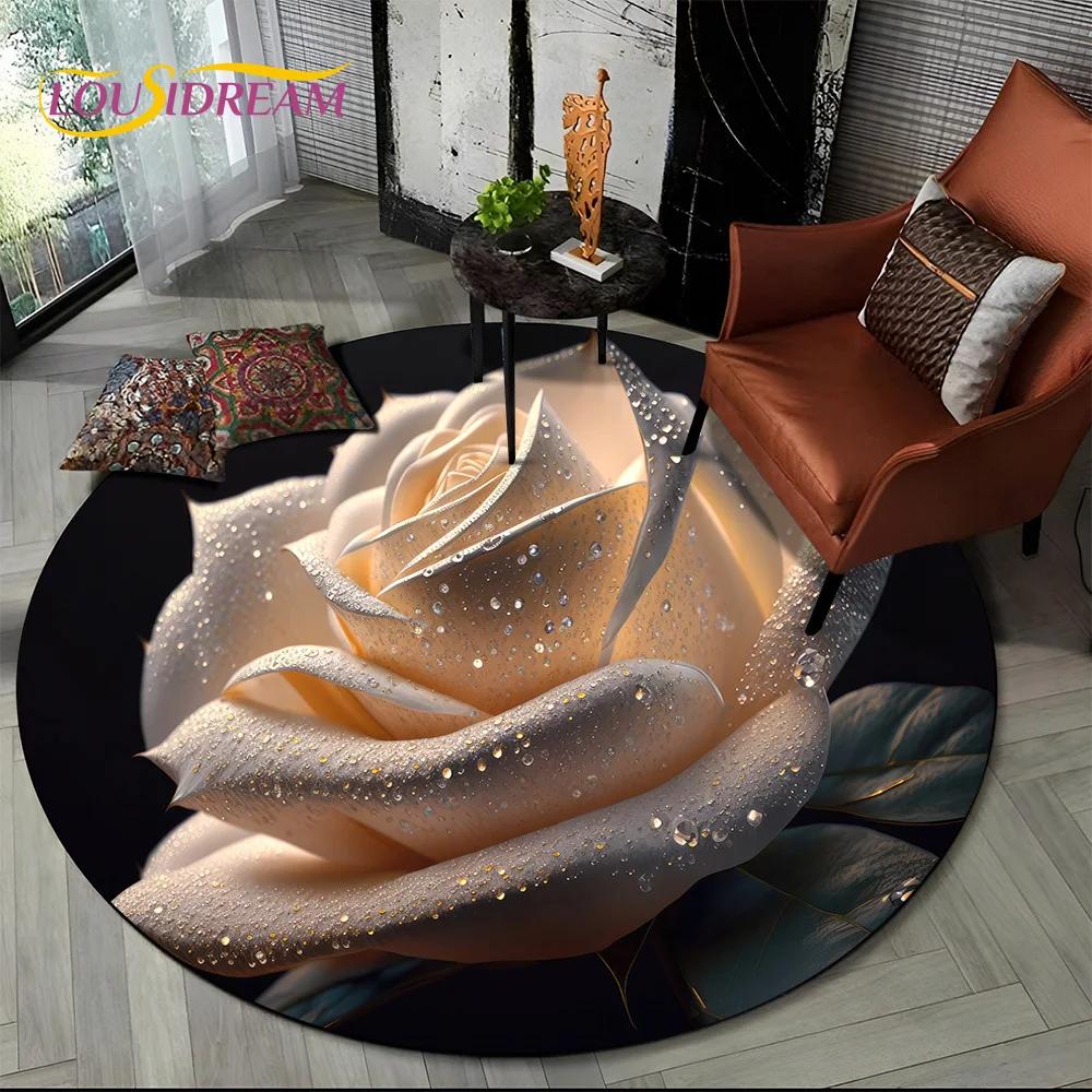 Covor rotund 3D Lux Floarea Soarelui Trandafir Nordic Margaretă pentru Decor Sofă Living Dormitor, Covor Zonă Copii Covoraș de Podea Antiderapant Cadou