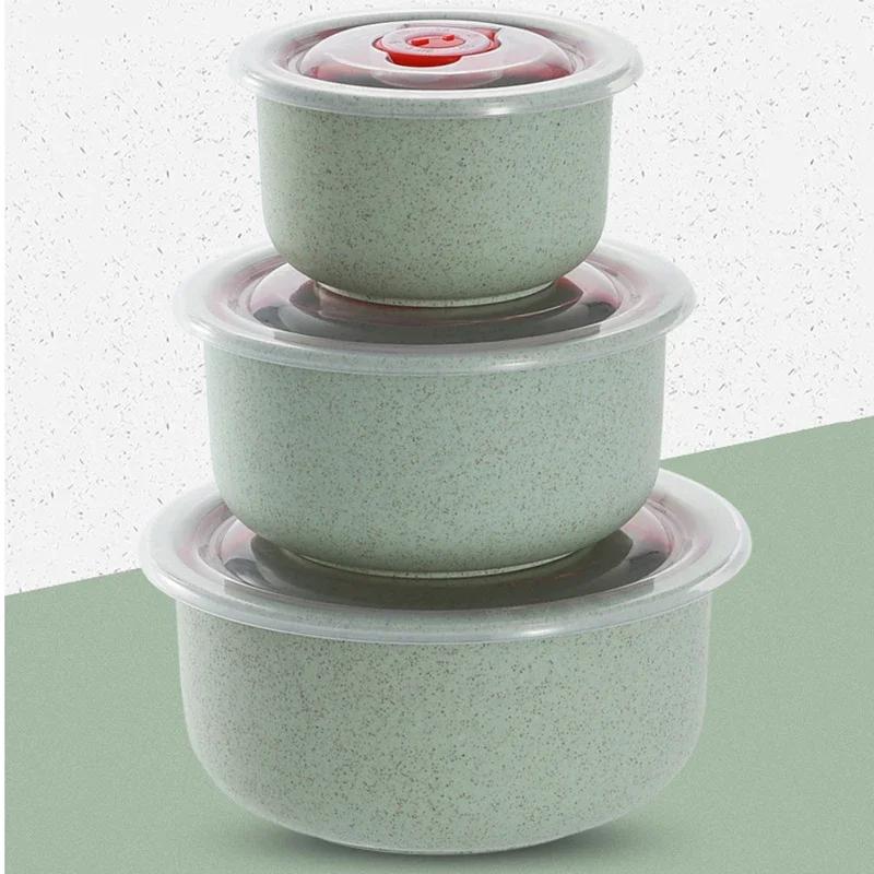 

3 шт. Пшеничная солома, сохраняющая свежесть, набор из трех предметов с крышкой для домашнего использования, пластиковый круглый ланч-бокс, пригодный для использования в микроволновой печи