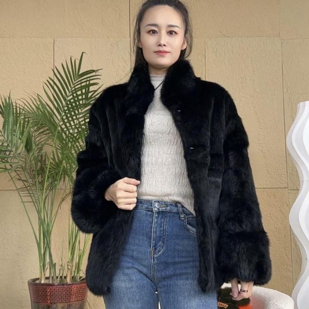 Real Rabbit Fur Coat Long Woman Winter Fashion Stand Collar Plus Size Luxury Warm Outwear Waisted Real Fur