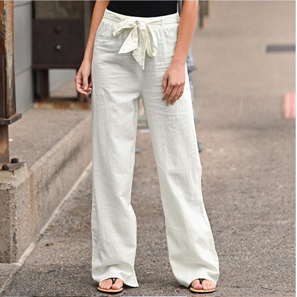 

Summer Stretch Waist Pure Color Cotton and Linen Wide-leg Pants Loose Pants for Women S белый