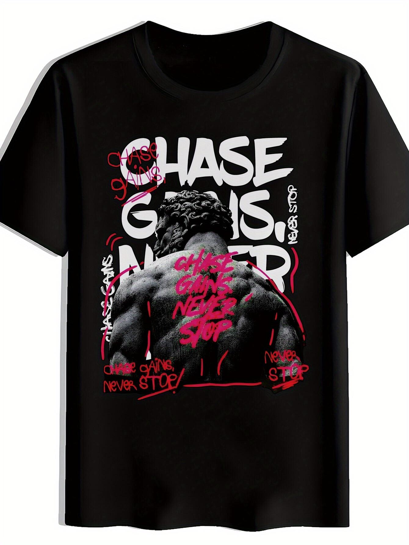 

Motivational T-shirt - Black with Pink Accents - Lightweight Polyester Gym Shirt - Chase Greatness Never Stops Design - Workout XL