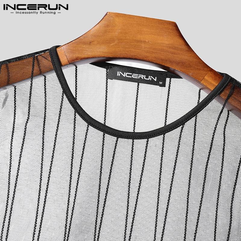INCERUN Summer Men Short Sleeve Mesh Sheer Striped Ftiied Cropped T-shirts