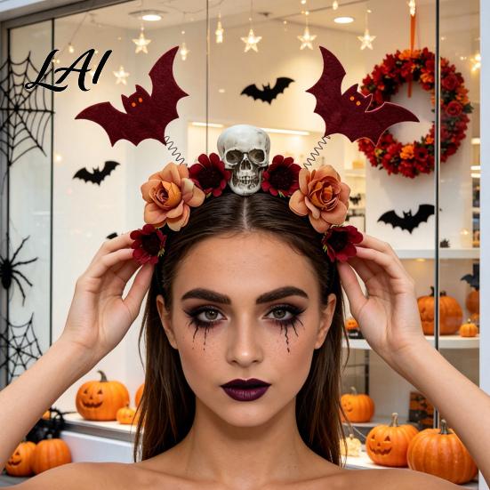 Fashionable Skull Hair Clips Halloween Flower Skeleton Bat Headband Gothic Floral Bands Spooky Bands for Party Accessory Lightweight No Slip