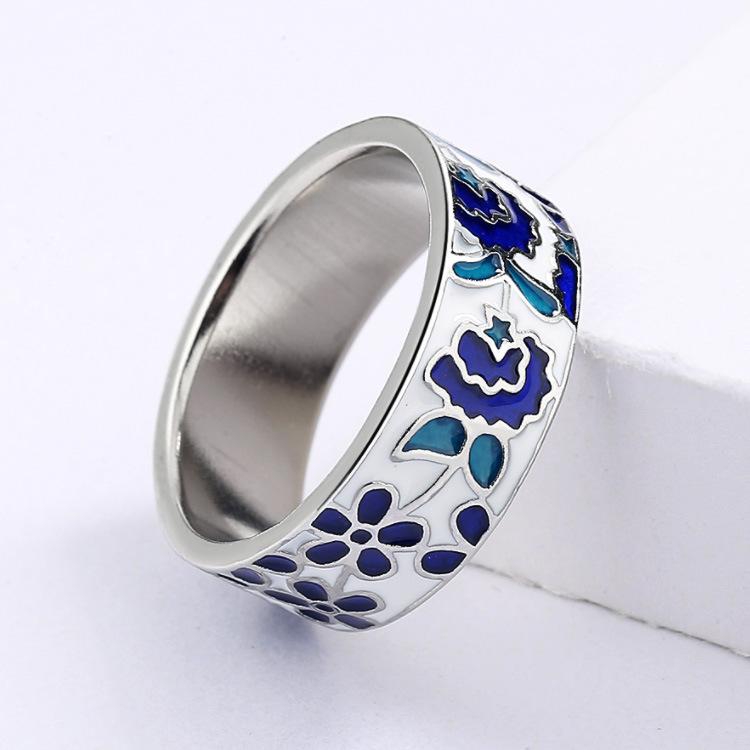 Exquisite New Women's for Ring Blue Enamel Flower Ring Fashion Handmade Enamel Jewelry Wedding Bridal Ring