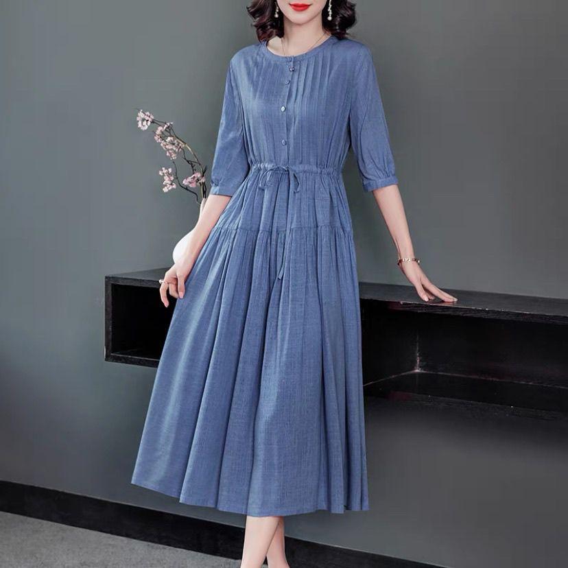 Women Round Collar Solid Color Dress Ladies Mid-length Waist Long Skirt Cotton A-Linen Dresses Women Clothing
