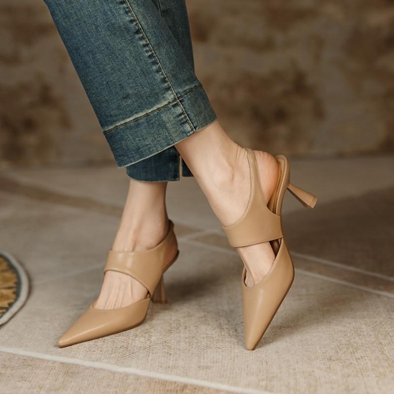Spring /Summer Sandals Cow Leather Women Shoes Retro Slip -On Women Pumps Pointed Toe Heels Shoes Women Sandals For Women