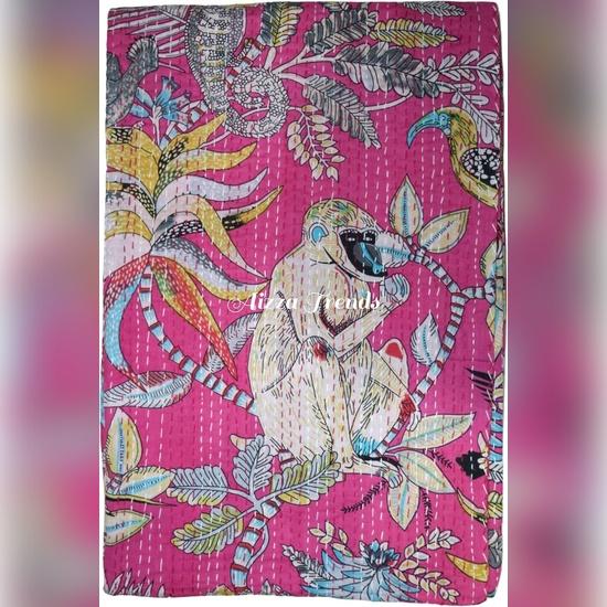 Aizza Trends Handmade Pure Cotton Monkey Print Kantha Quilt  - Traditional Look Bed Spread Kantha Gudri - Vintage Hand Stitch Gudri