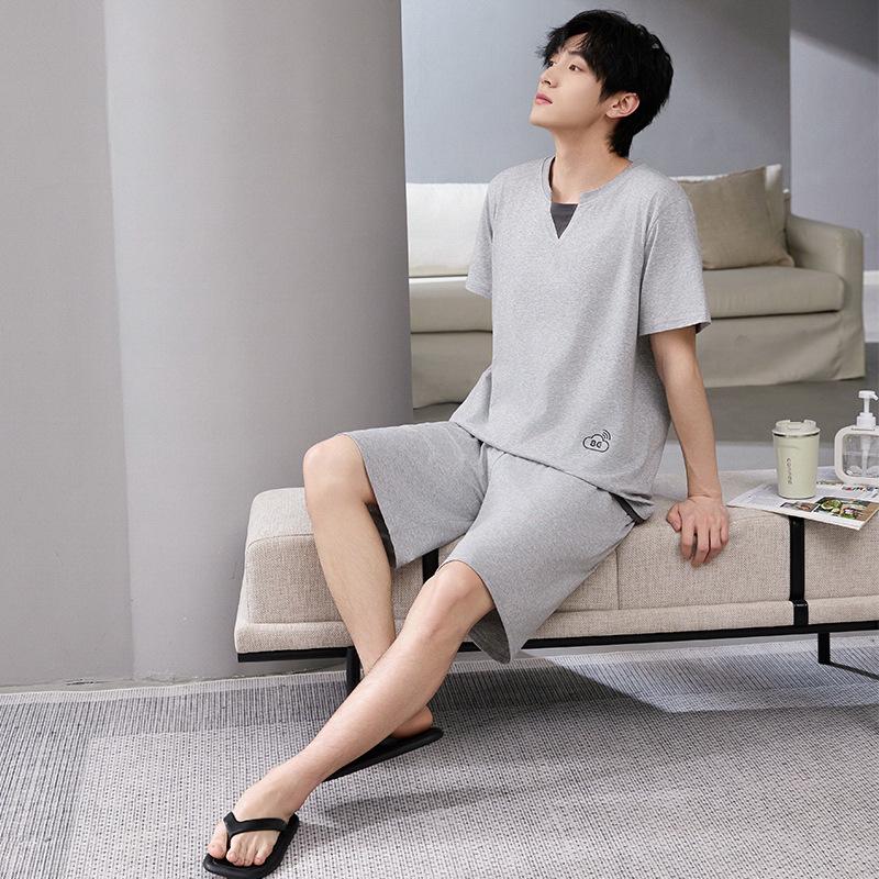 7A Antibacterial Plus Size Cotton Pajamas for Men - Short Sleeve & Shorts, Cooling, Round Neck, Summer Outerwear/Loungewear