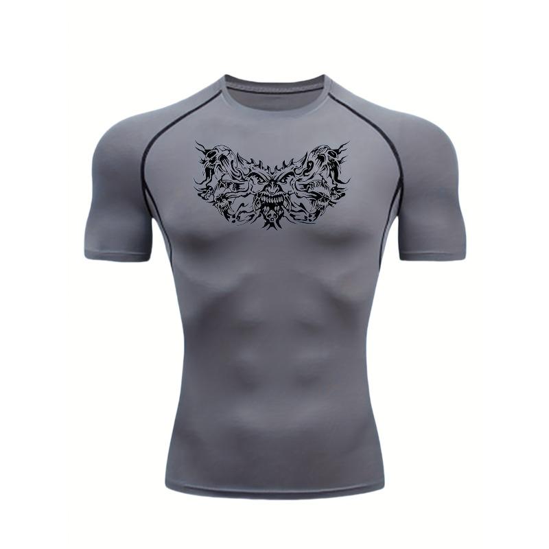 Men's Chest Tattoo-Inspired Skull Compression Shirt High Elasticity Moisture Wicking Bodybuilding Sportswear