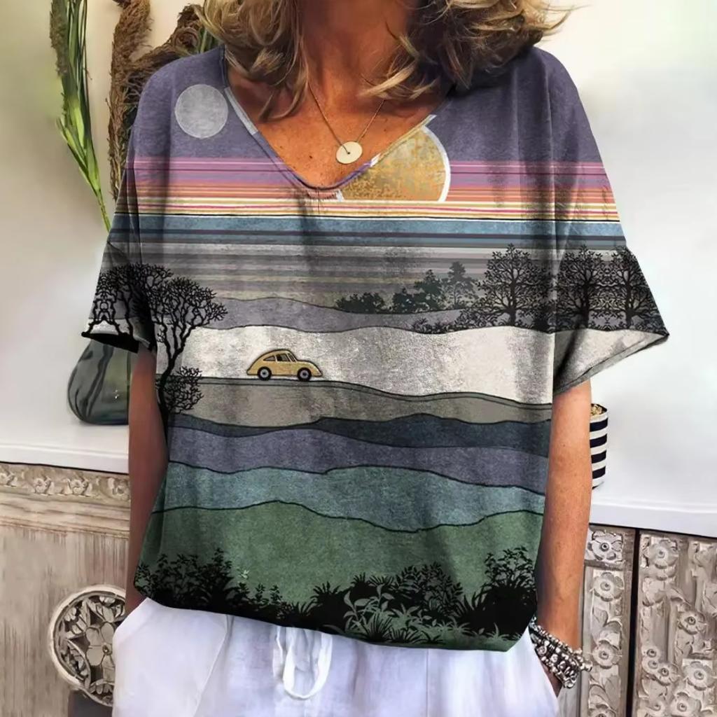 Damen V-Ausschnitt T-Shirt Sommer Casual Mode Kurzarm Neuer Trend Gestreift Harajuku Stil Locker Damenbekleidung