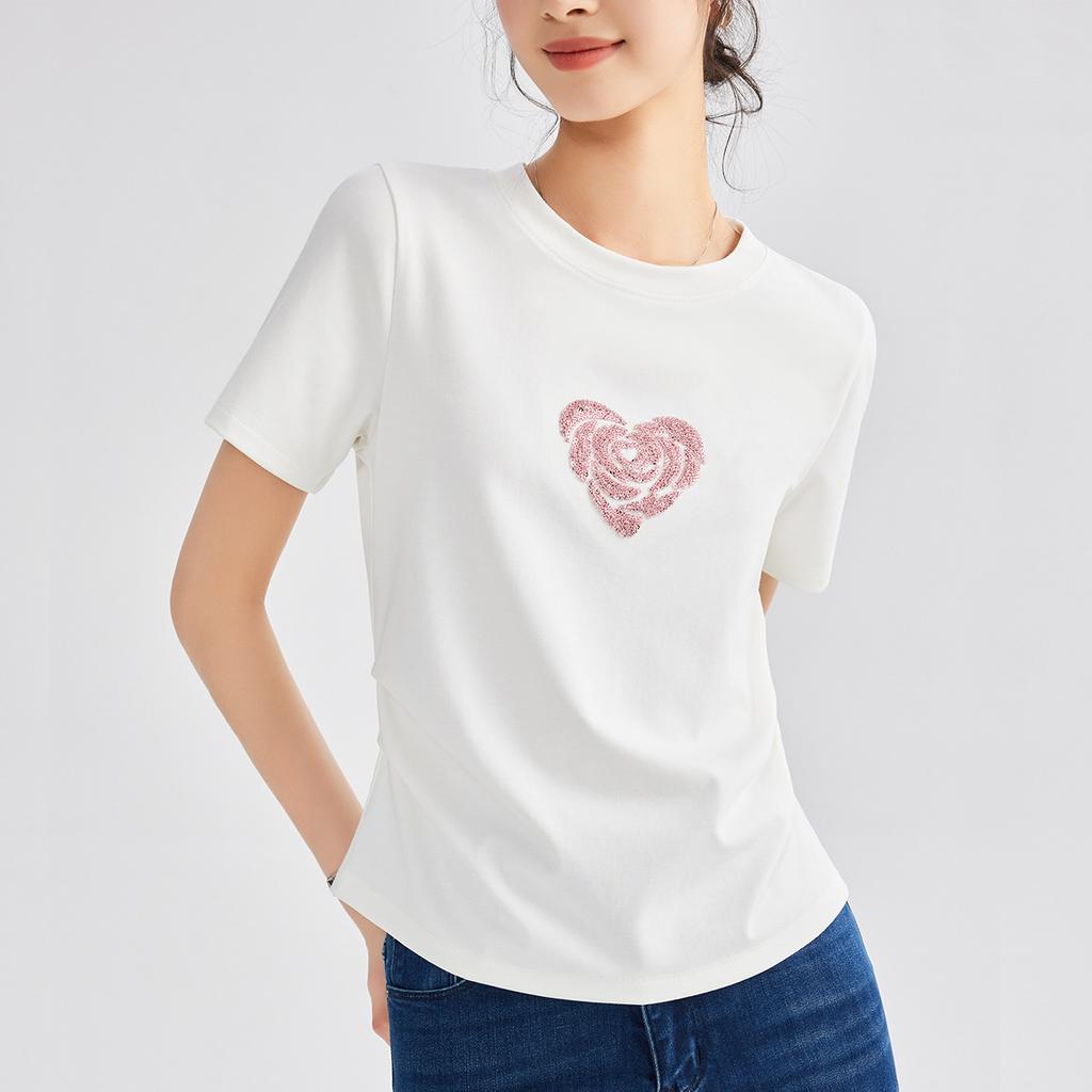 Damen Sommer Bequem Lässig Schlicht Spaß Liebe Stickerei Locker Alles Rundhals Kurzarm Top