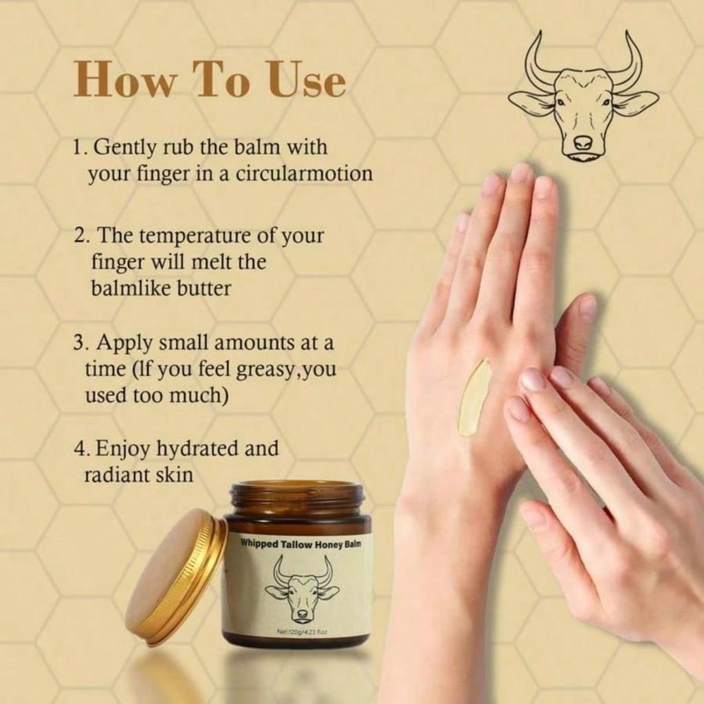 Beef Tallow For Skin - Organic Grass Fed Whipped Moisturizer With Honey Balm, Natural Hydrating Cream, Relief For Dry & Sensitive Skin, 4.23oz