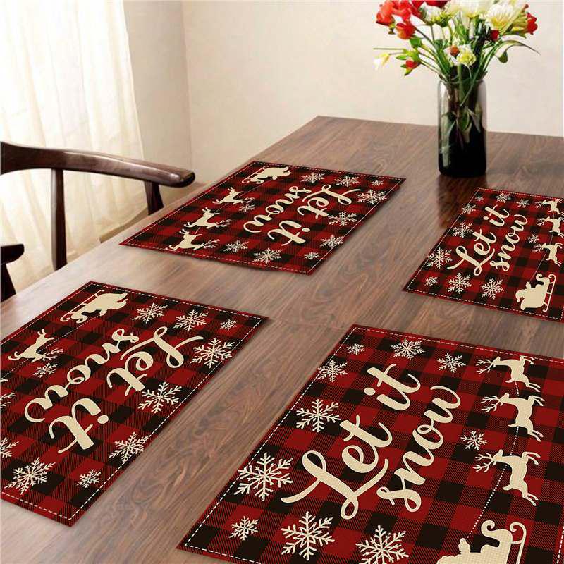 Nordic Style Christmas Festival Square Linen Placemat - Heat Insulation Pad with Digital Print Design.