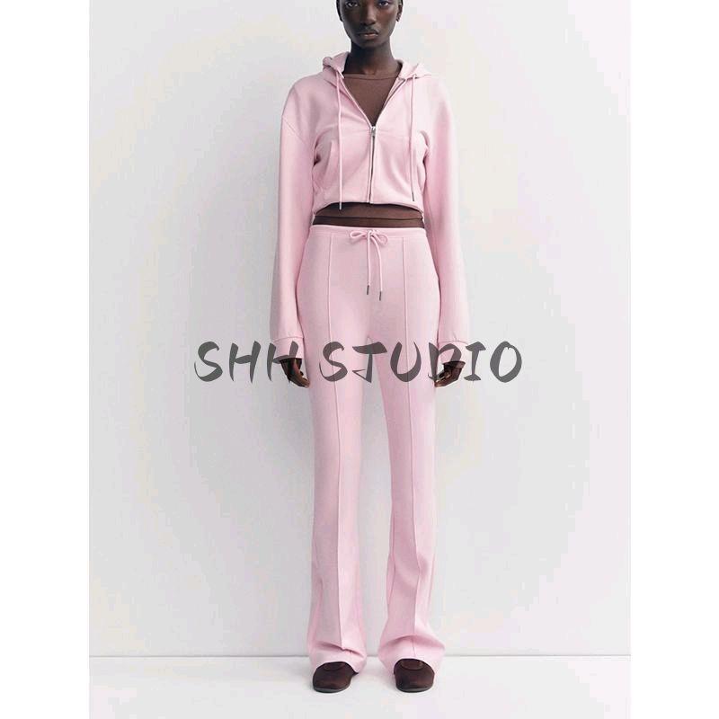 Spring New Arrival Women's Clothing Long Sleeves Hooded Short Sweatshirt 3641843 Double-Sided Cloth Stretch Sweatpants 3641845