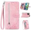 Zipper Wallet Flip Leather Phone Case for IPhone 17 Air 16 15 Samsung S25 S24, with Card Holder Wrist Strap Stand Embossed Shockproof Cover