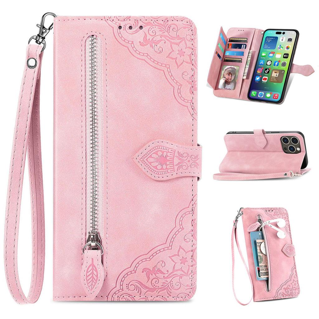 Zipper Wallet Flip Leather Phone Case for IPhone 17 Air 16 15 Samsung S25 S24, with Card Holder Wrist Strap Stand Embossed Shockproof Cover